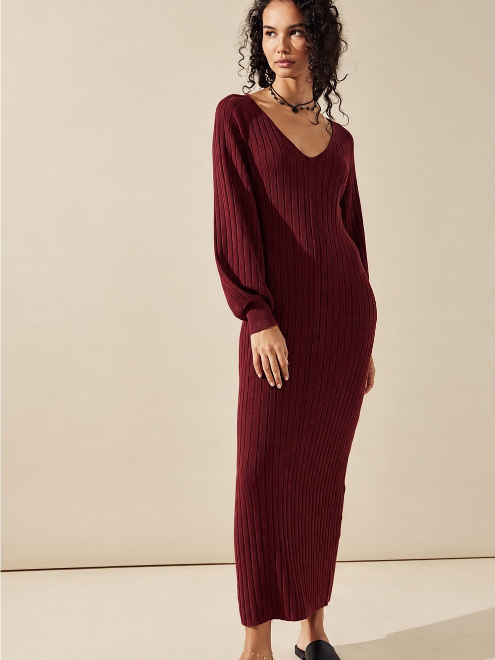 FP BEACH Rosha Sweater Ribbed Puff Sleeve Bodycon Fall Vneck Maxi Dress Small